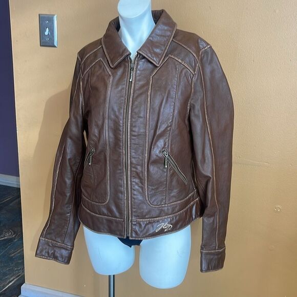 Harley Davidson Womens Size Med Brown Leather Embroidery Motorcycle Jacket H-DMC